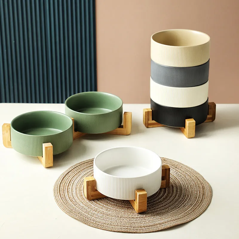 Pet Simple ceramic anti-tumble cat bowl with wooden frame in straight matte finish