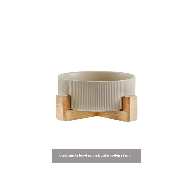 Pet Simple ceramic anti-tumble cat bowl with wooden frame in straight matte finish