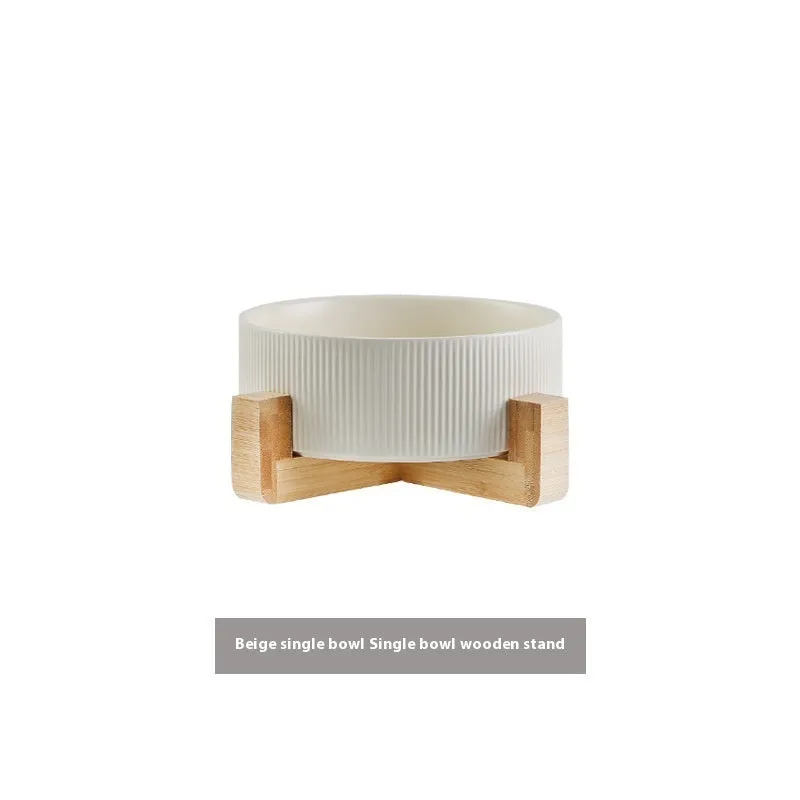 Pet Simple ceramic anti-tumble cat bowl with wooden frame in straight matte finish