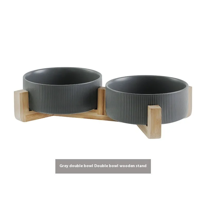Pet Simple ceramic anti-tumble cat bowl with wooden frame in straight matte finish