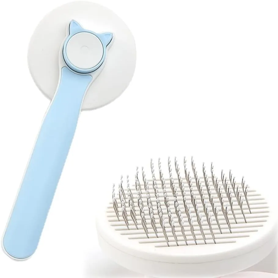 Self-cleaning pet brush with blue rubber handle and metal pins, shown with removed fur.