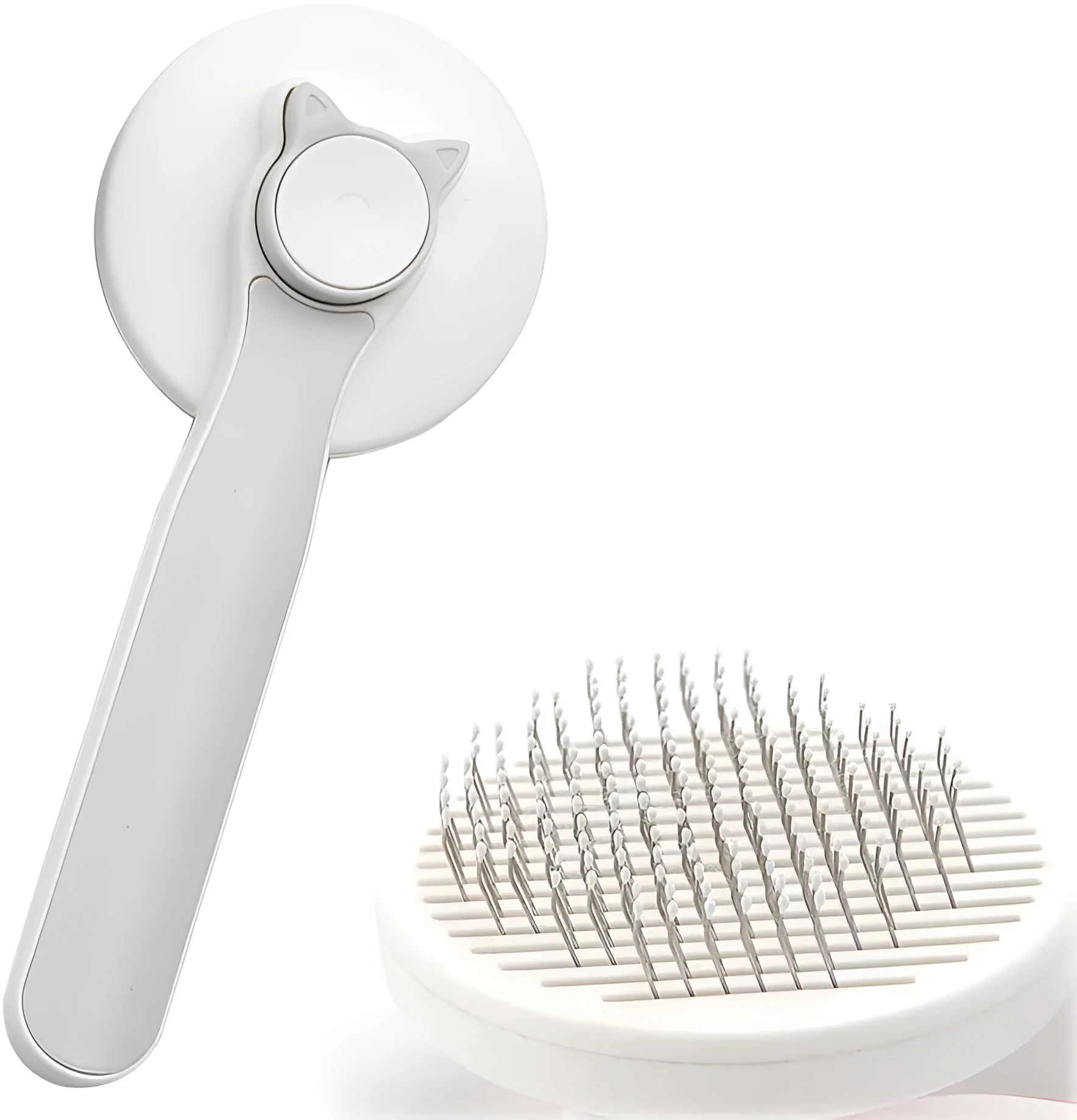 Self-cleaning pet brush with blue rubber handle and metal pins, shown with removed fur.