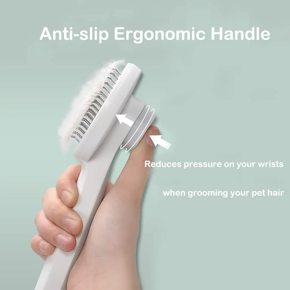 Self-cleaning pet brush with blue rubber handle and metal pins, shown with removed fur.