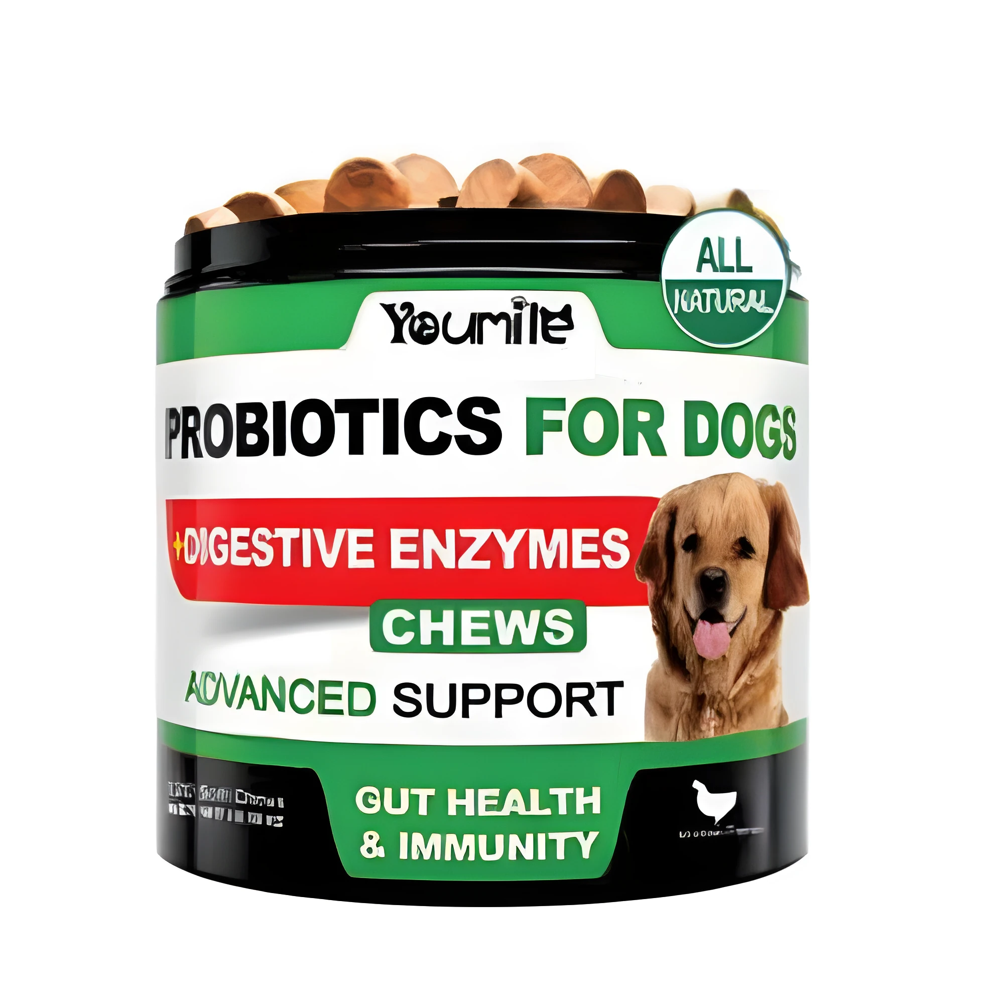 Probiotic Chew supplement bottle with 120 vegan capsules for digestive health