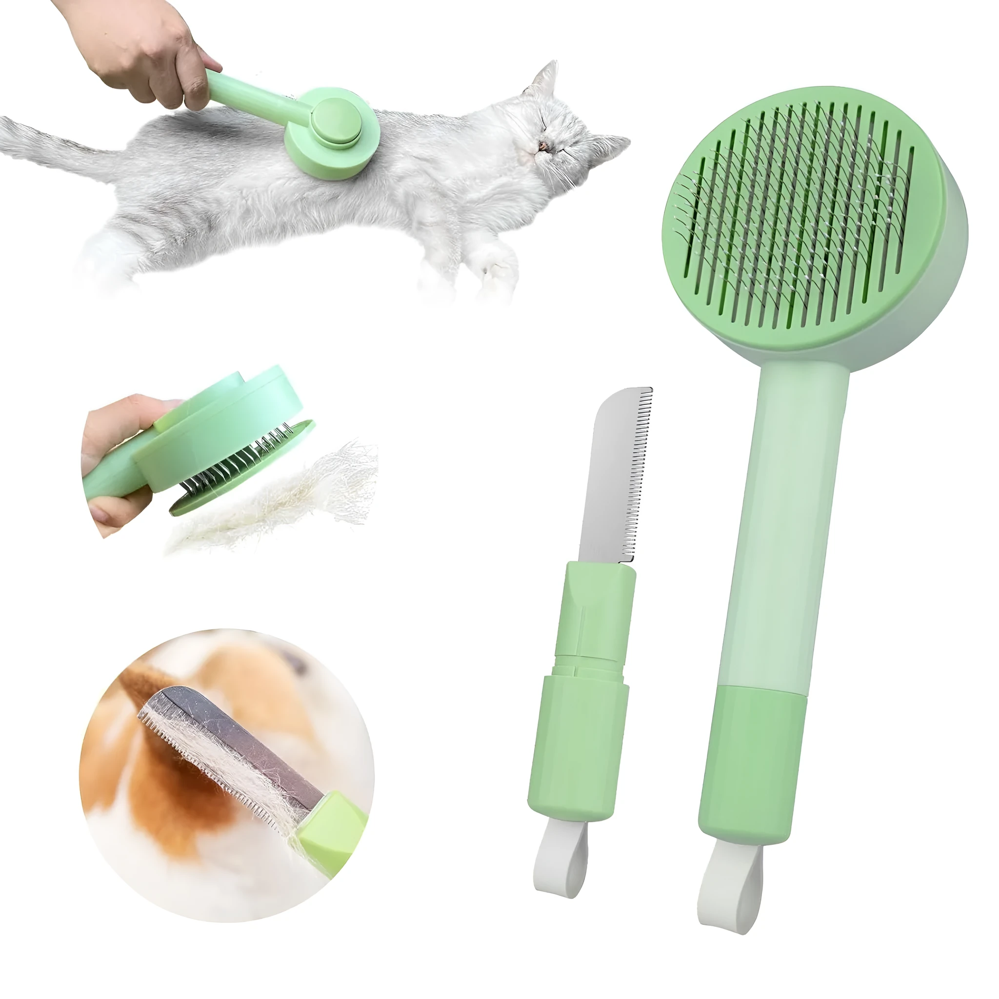 Green and yellow pet deshedding brush with stainless steel teeth and hanging loop