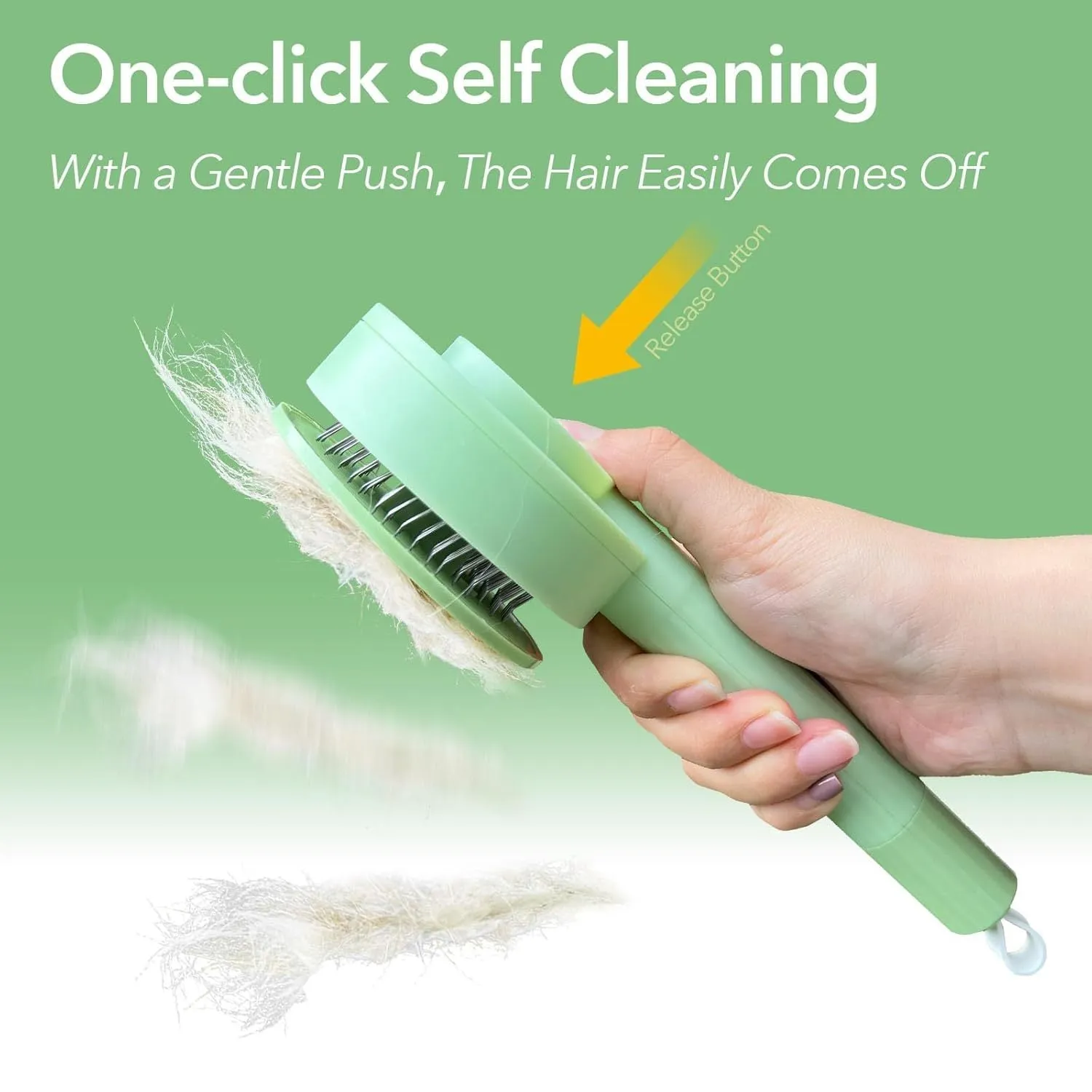 Green and yellow pet deshedding brush with stainless steel teeth and hanging loop