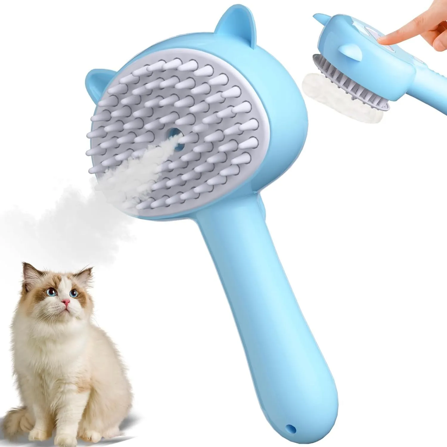 Blue cat ear-shaped steam brush for pet grooming with soft rubber bristles and release button