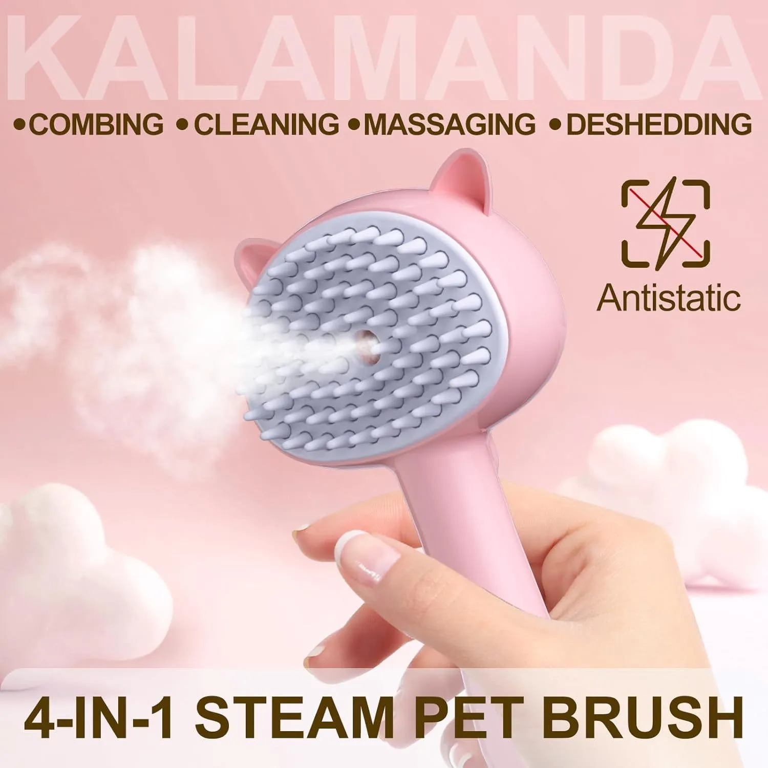 Blue cat ear-shaped steam brush for pet grooming with soft rubber bristles and release button