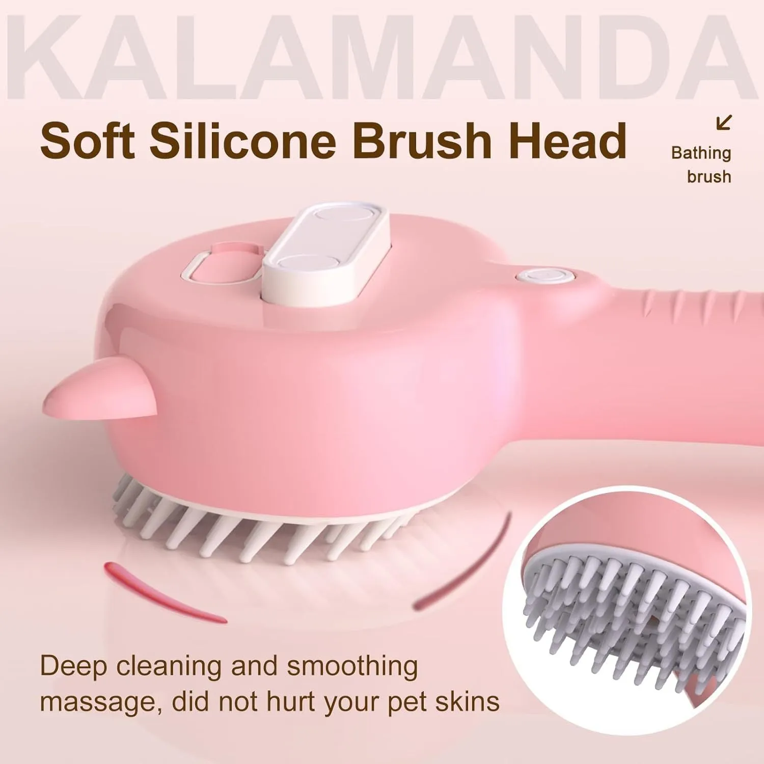 Blue cat ear-shaped steam brush for pet grooming with soft rubber bristles and release button