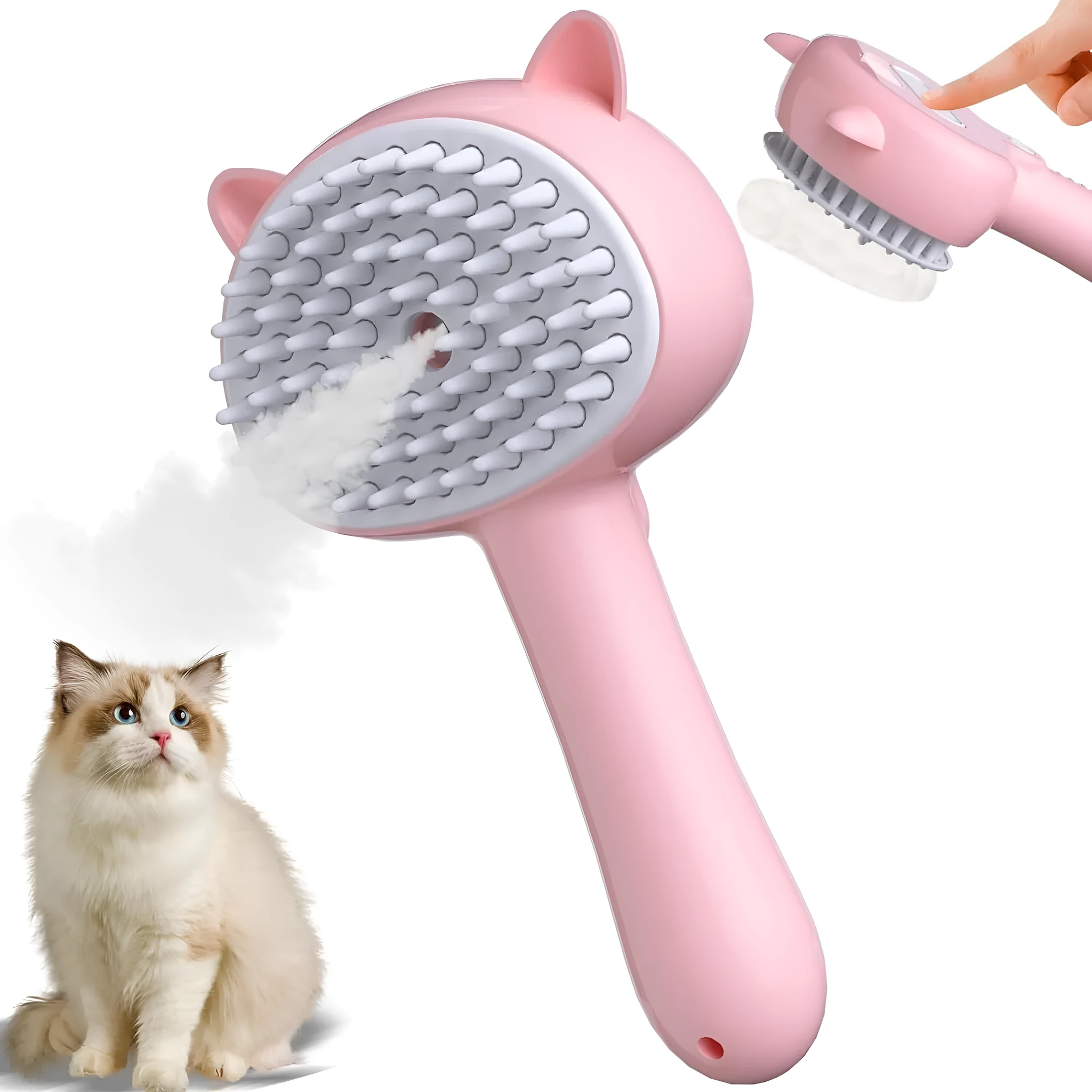 Blue cat ear-shaped steam brush for pet grooming with soft rubber bristles and release button