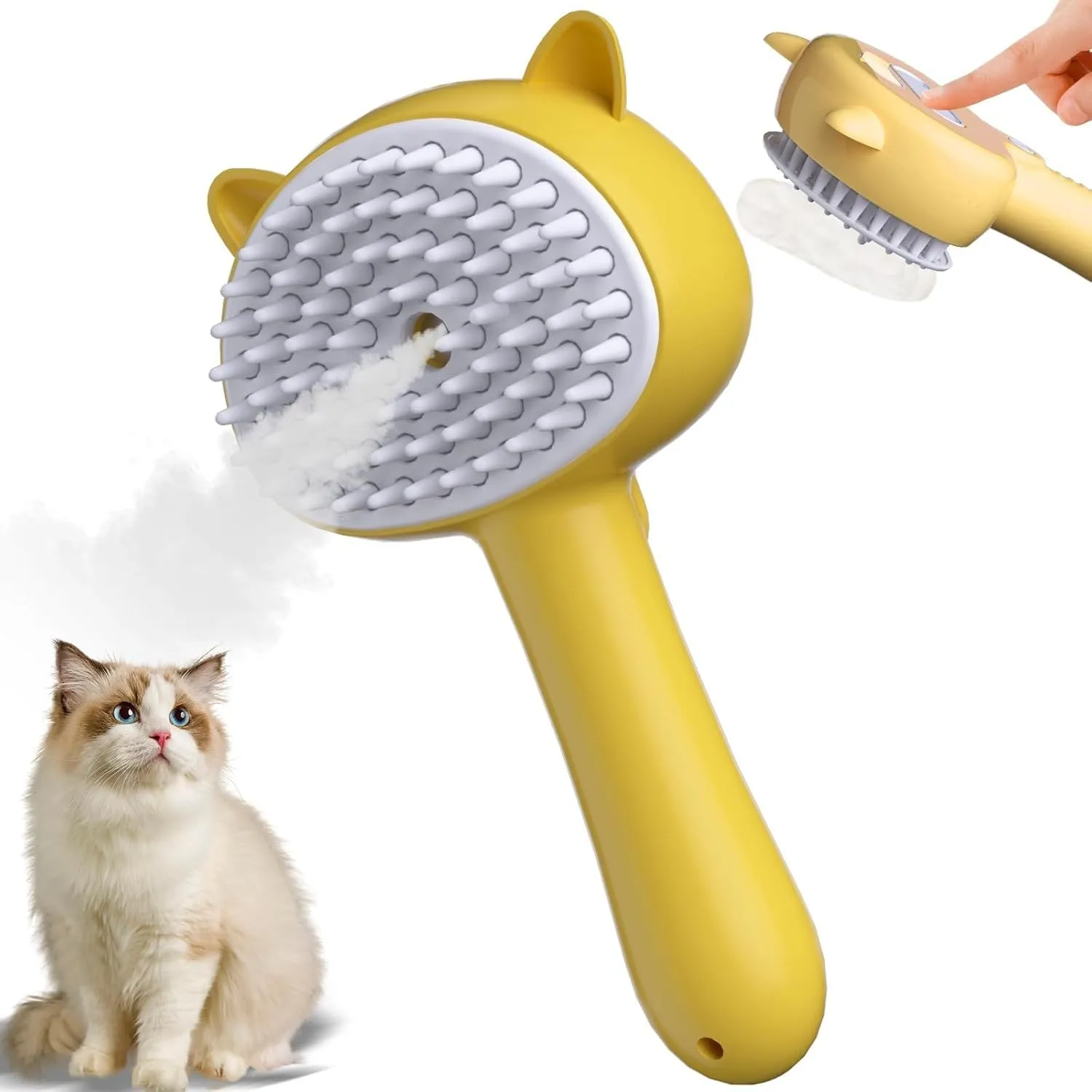 Blue cat ear-shaped steam brush for pet grooming with soft rubber bristles and release button