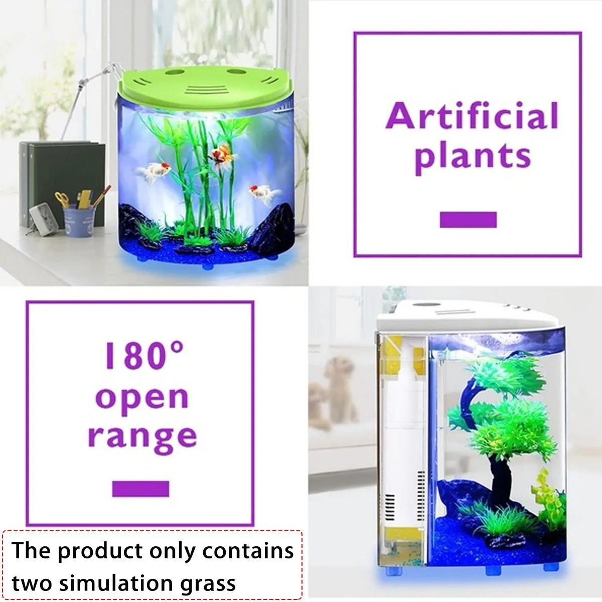 Clear acrylic fish tank with black frame, 20x14x21cm, with LED light and USB cable