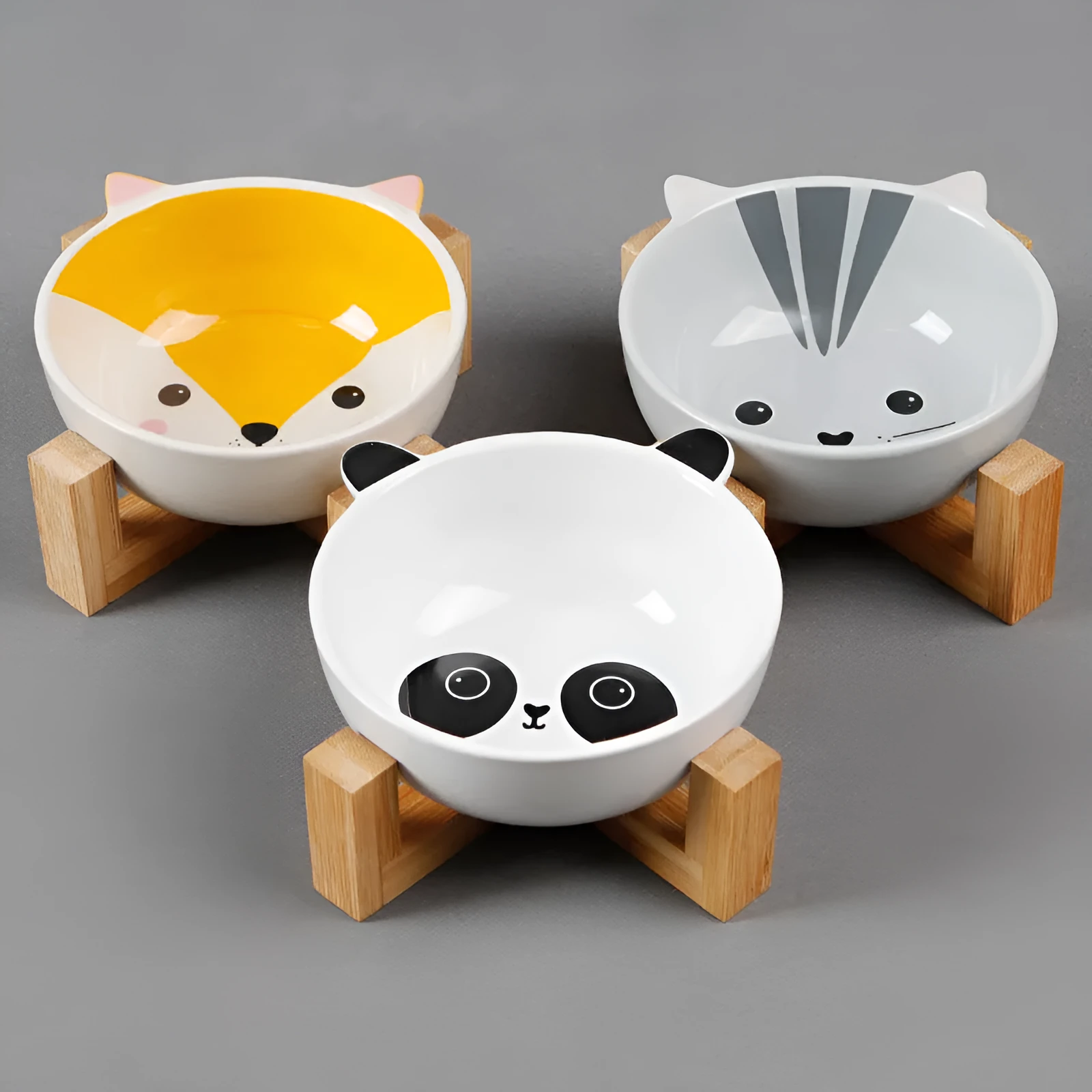 Ceramic cat food bowl with bamboo bracket, pink-eared fox design, bowl 13x5.5 cm