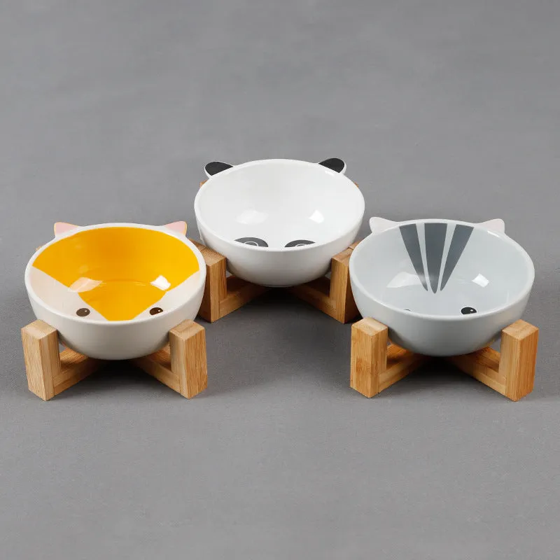 Ceramic cat food bowl with bamboo bracket, pink-eared fox design, bowl 13x5.5 cm