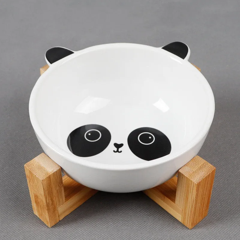 Ceramic cat food bowl with bamboo bracket, pink-eared fox design, bowl 13x5.5 cm