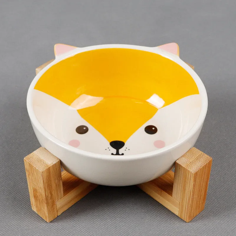 Ceramic cat food bowl with bamboo bracket, pink-eared fox design, bowl 13x5.5 cm