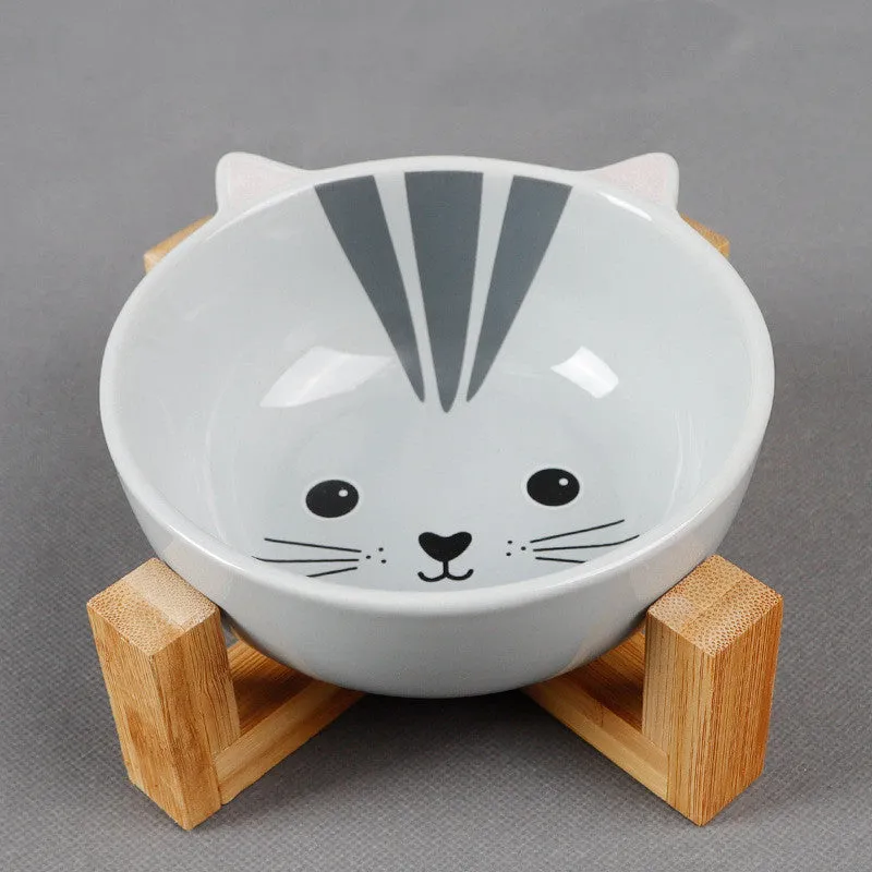 Ceramic cat food bowl with bamboo bracket, pink-eared fox design, bowl 13x5.5 cm