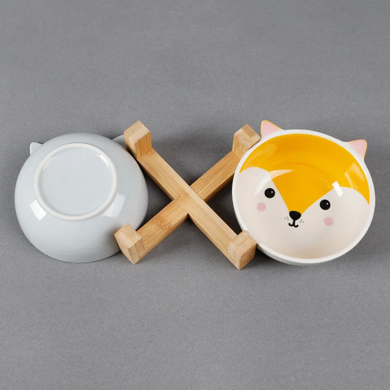 Ceramic cat food bowl with bamboo bracket, pink-eared fox design, bowl 13x5.5 cm
