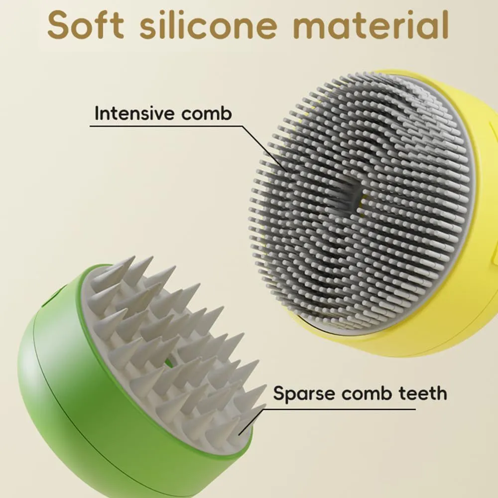 Green and yellow rechargeable silicone steam brush for grooming cats and dogs on a table.