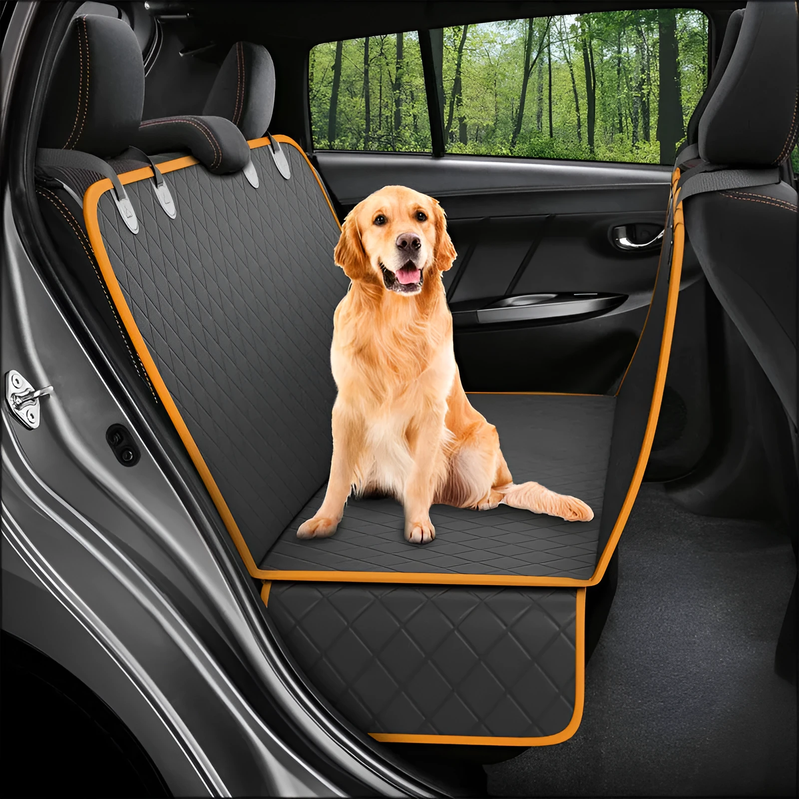 Pet isolation pad for car rear seat in black colour placed on vehicle seat as dog travel mat
