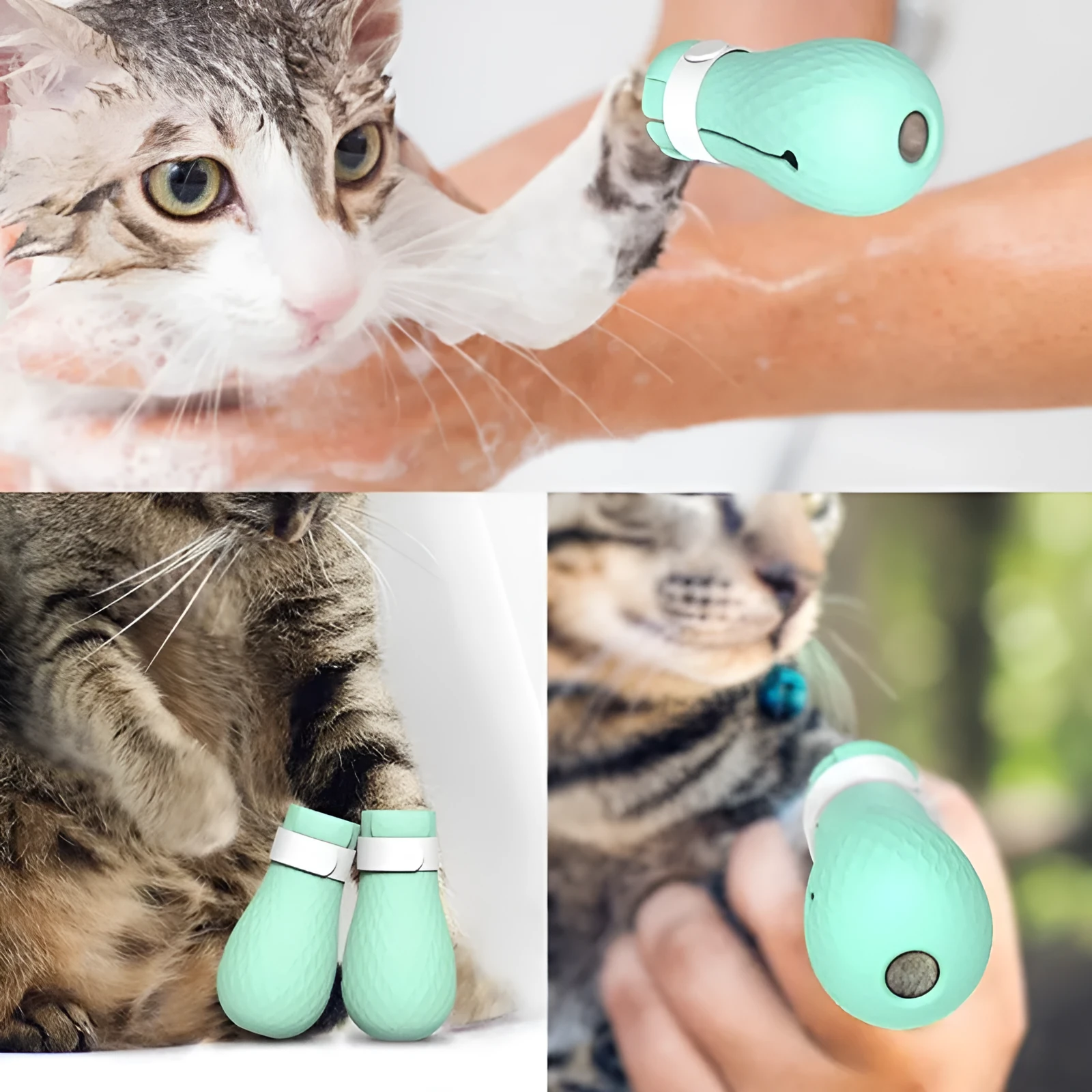 Green silicone cat bathing feet washing set with nylon buckle strap on a surface