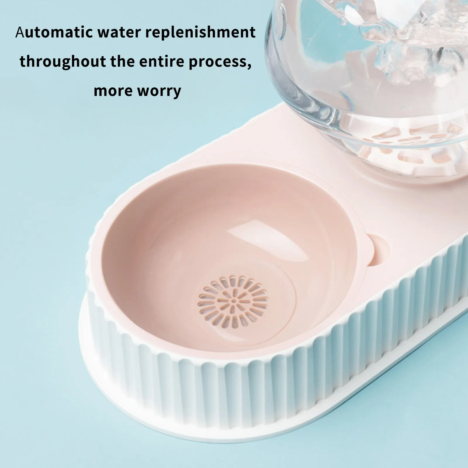 Automatic pet water feeder with 2.8L container and dual dishes in pink