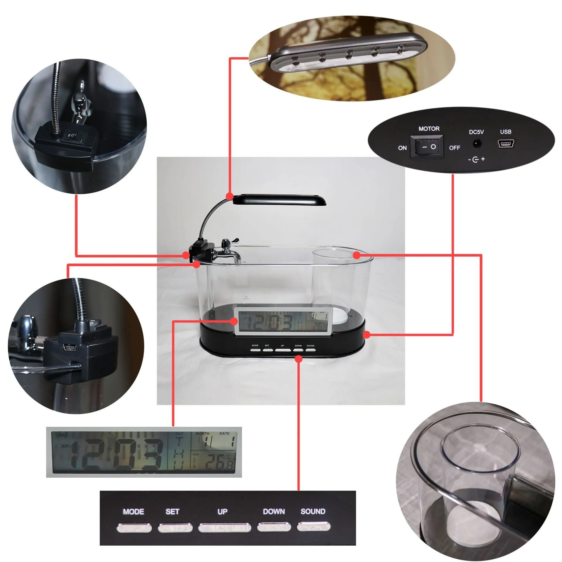 USB desktop mini aquarium with digital clock alarm and pen holder in black and transparent plastic