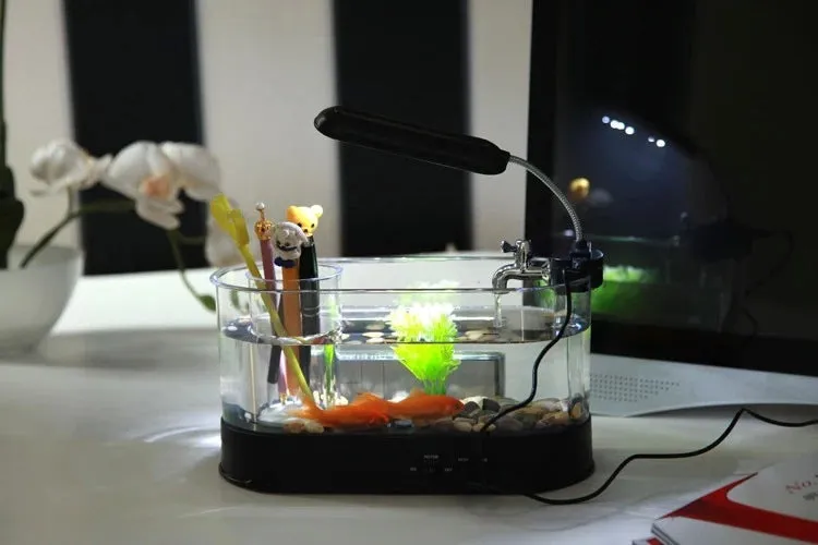 USB desktop mini aquarium with digital clock alarm and pen holder in black and transparent plastic