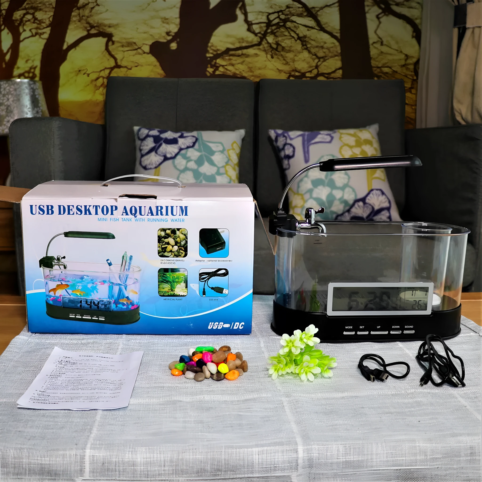 USB desktop mini aquarium with digital clock alarm and pen holder in black and transparent plastic