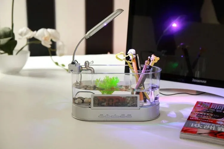 USB desktop mini aquarium with digital clock alarm and pen holder in black and transparent plastic