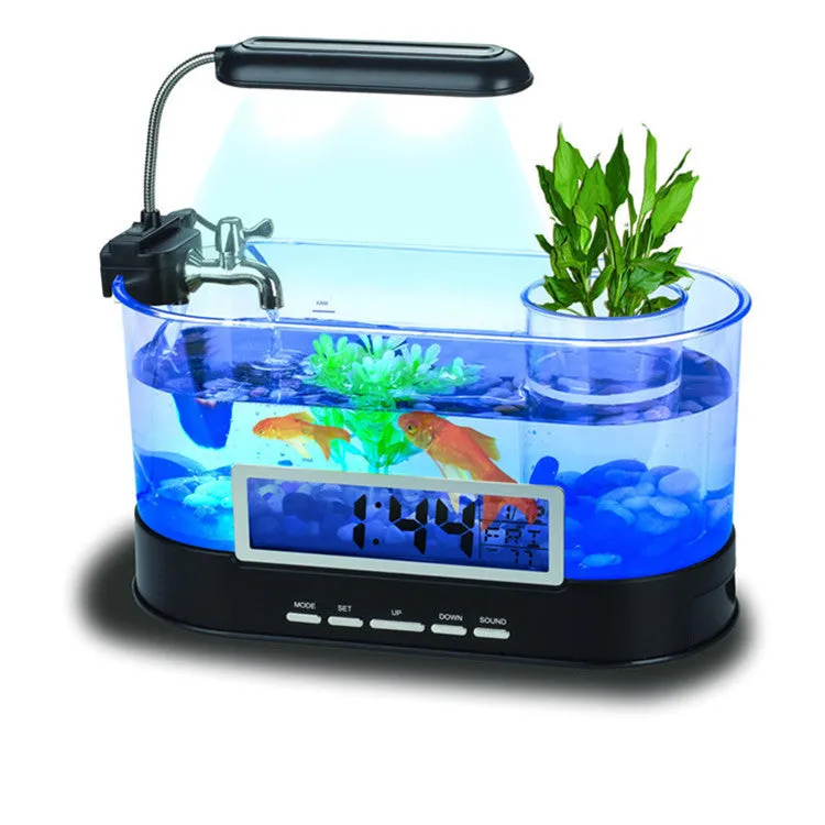 USB desktop mini aquarium with digital clock alarm and pen holder in black and transparent plastic