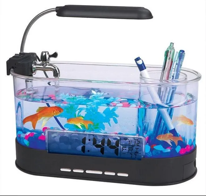 USB desktop mini aquarium with digital clock alarm and pen holder in black and transparent plastic
