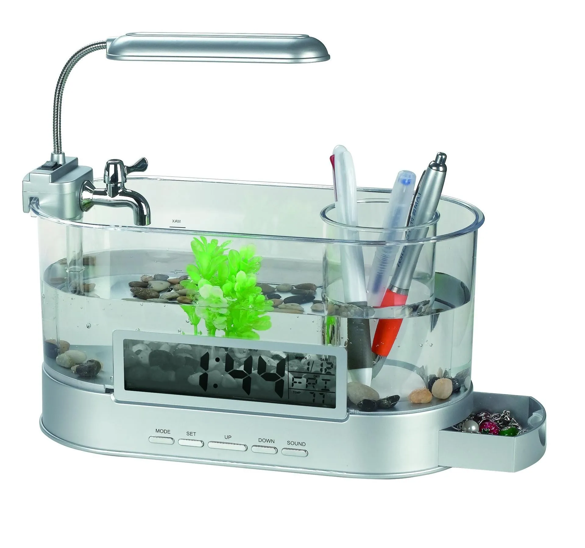 USB desktop mini aquarium with digital clock alarm and pen holder in black and transparent plastic