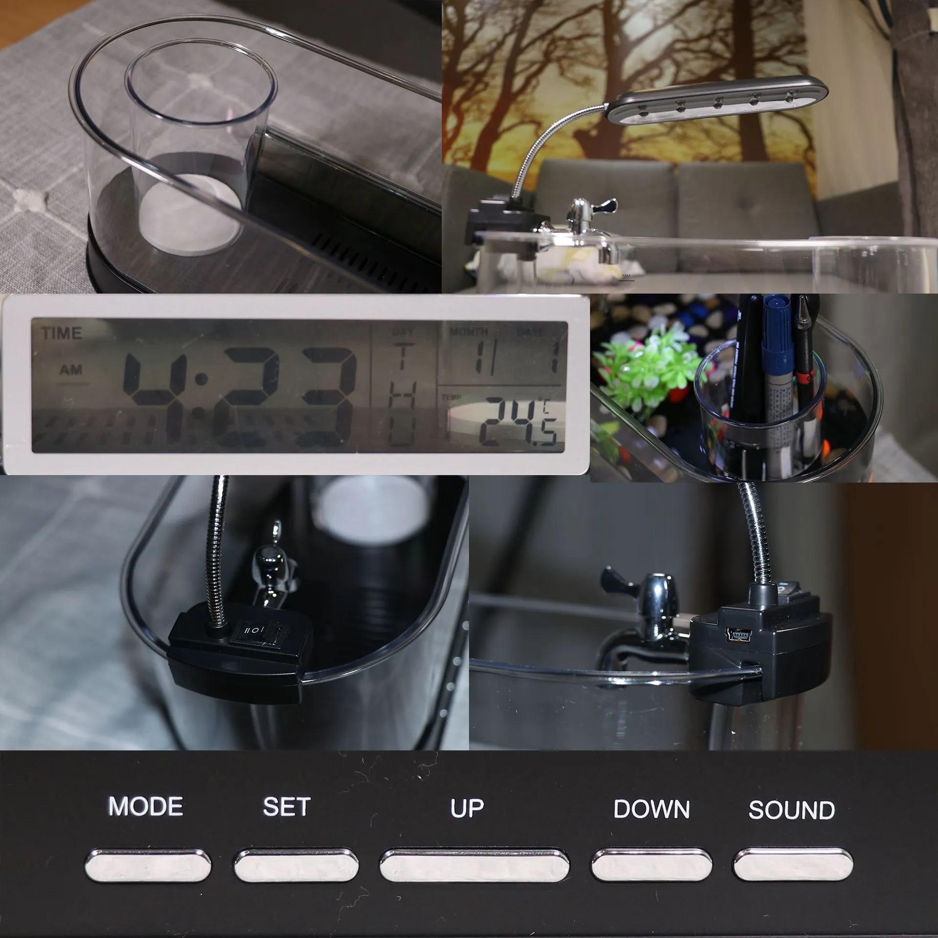 USB desktop mini aquarium with digital clock alarm and pen holder in black and transparent plastic