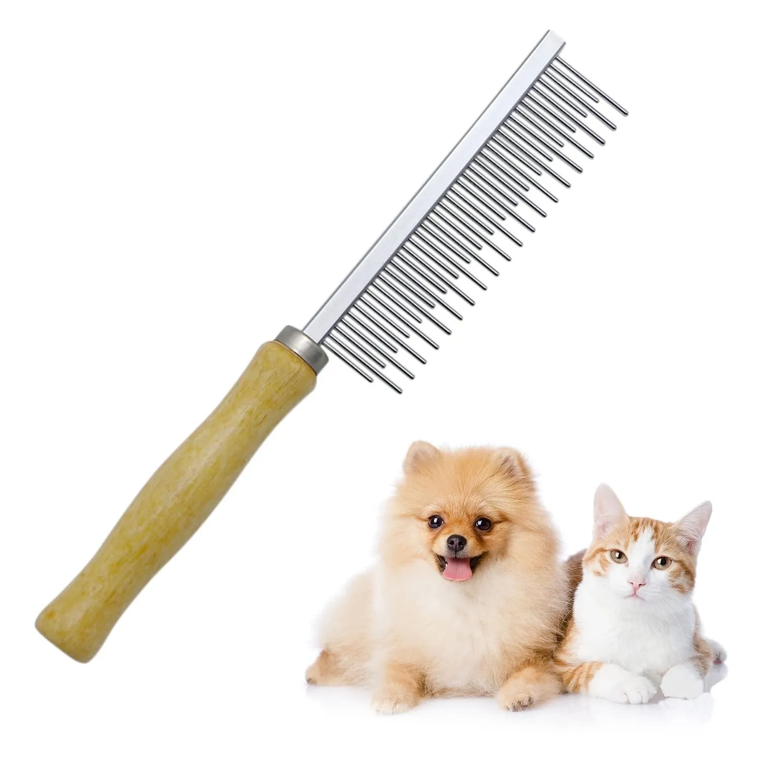 Wooden handle pet grooming comb with rounded metal teeth for dogs and cats