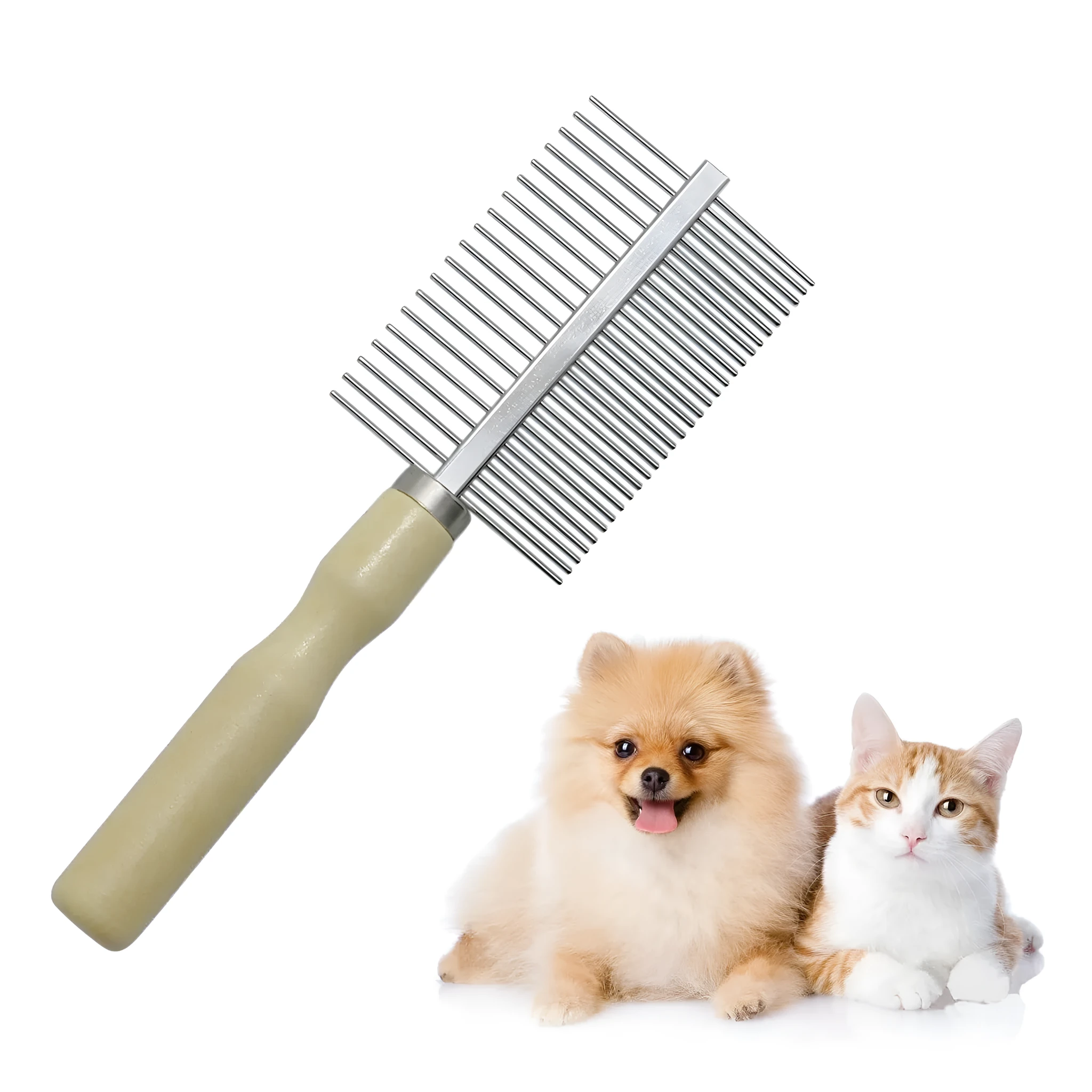 Wooden handle pet grooming comb with rounded metal teeth for dogs and cats
