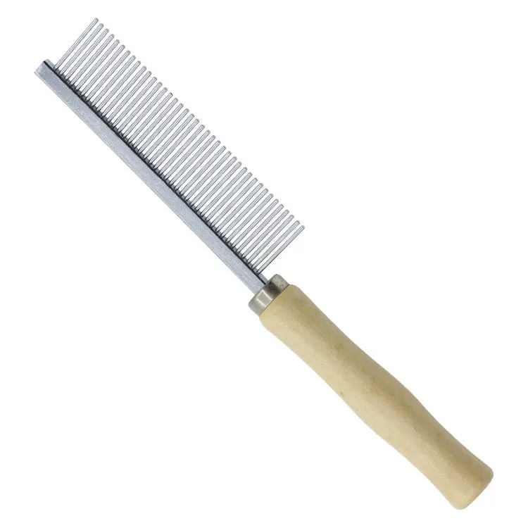 Wooden handle pet grooming comb with rounded metal teeth for dogs and cats