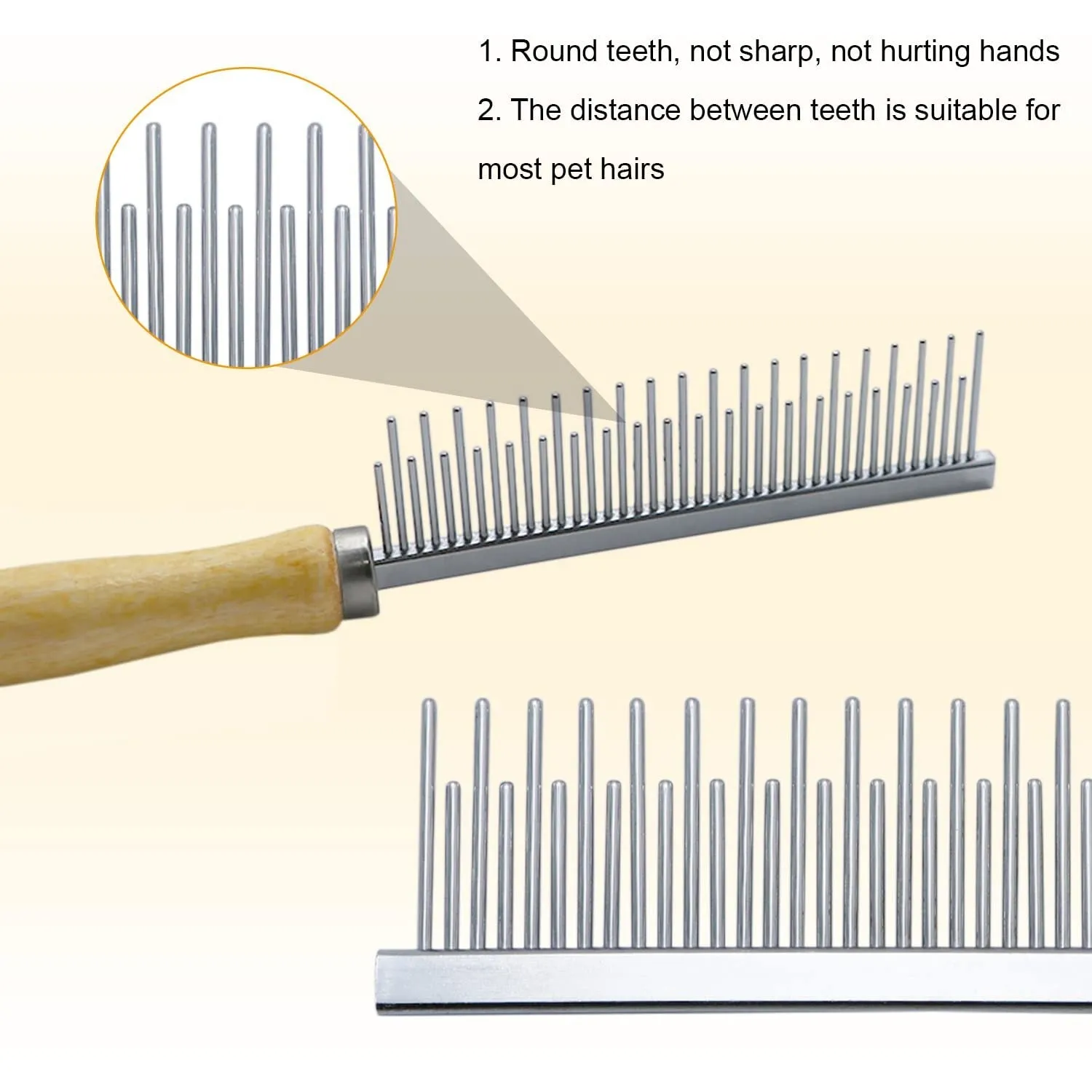 Wooden handle pet grooming comb with rounded metal teeth for dogs and cats