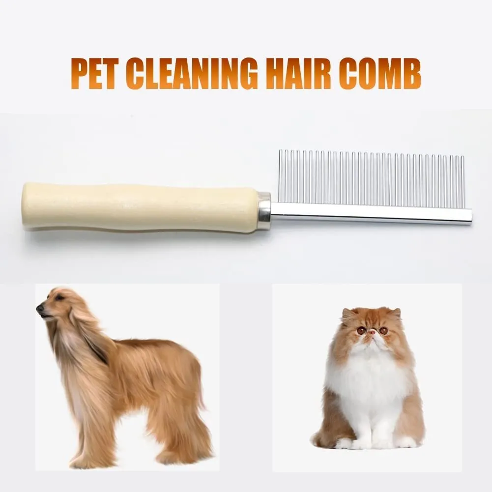 Wooden handle pet grooming comb with rounded metal teeth for dogs and cats