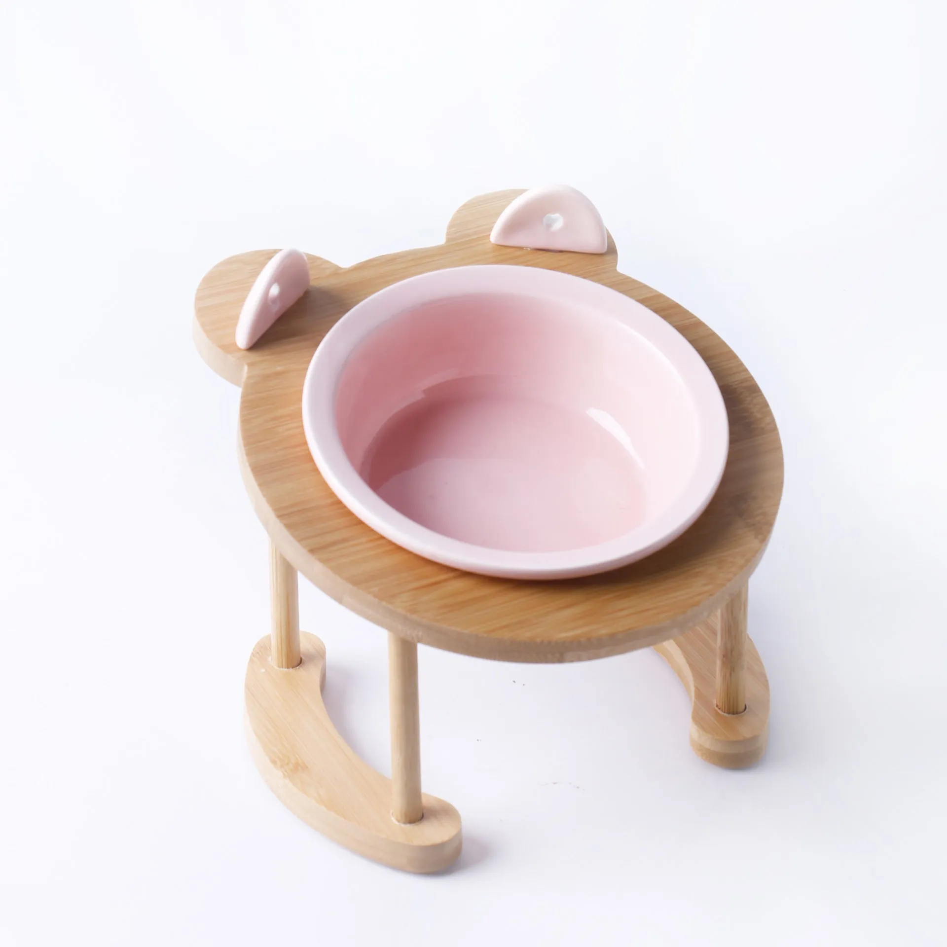Ceramic cat bowl with bamboo rack on non-slip base, 15° tilt angle for comfortable feeding
