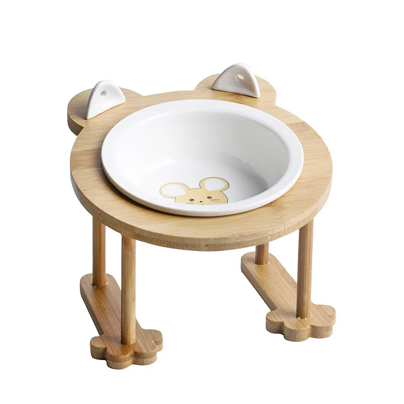 Ceramic cat bowl with bamboo rack on non-slip base, 15° tilt angle for comfortable feeding