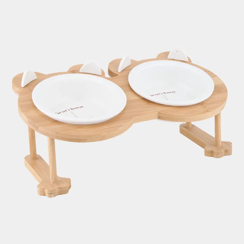 Ceramic cat bowl with bamboo rack on non-slip base, 15° tilt angle for comfortable feeding