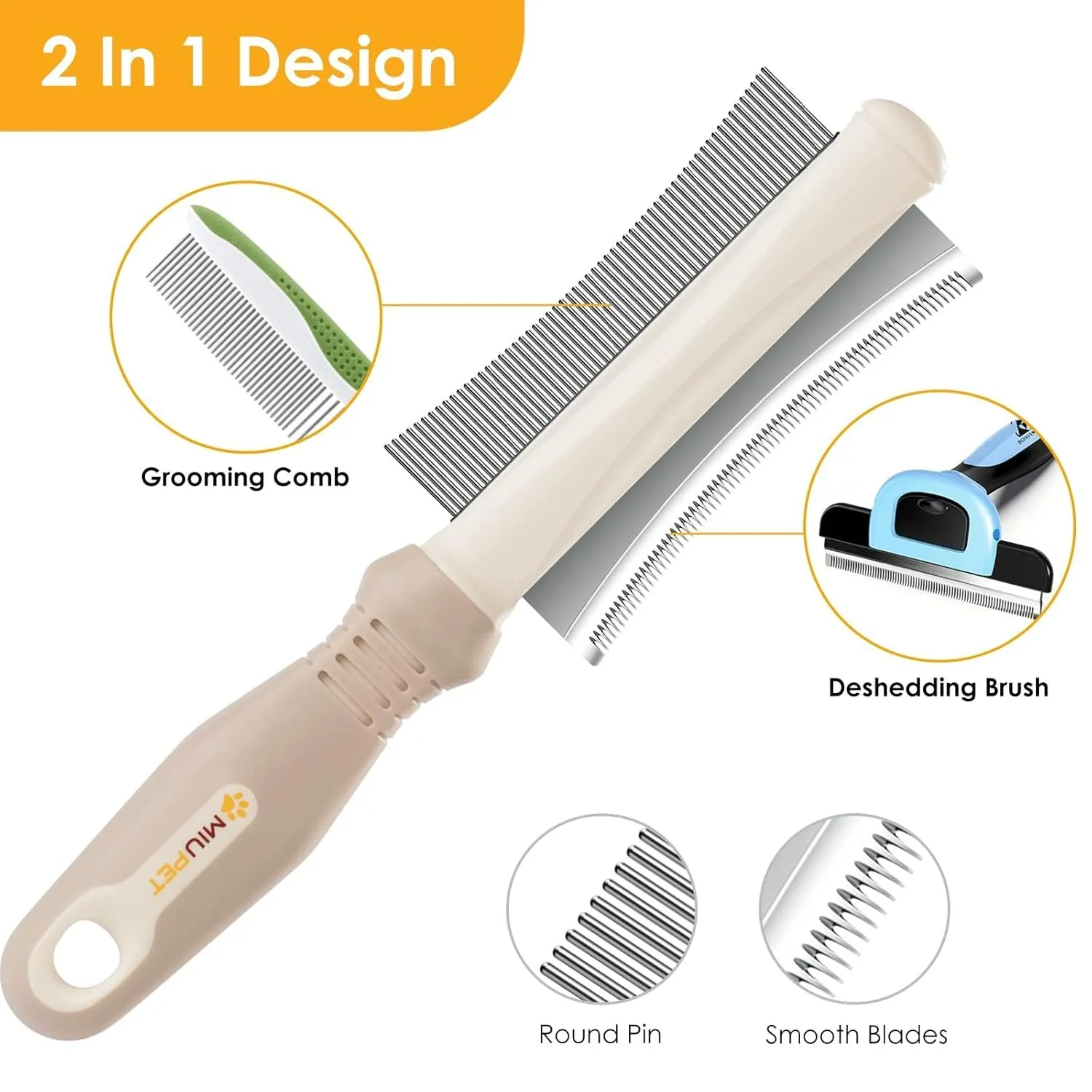 White double-sided pet deshedding brush and comb with ergonomic handle.