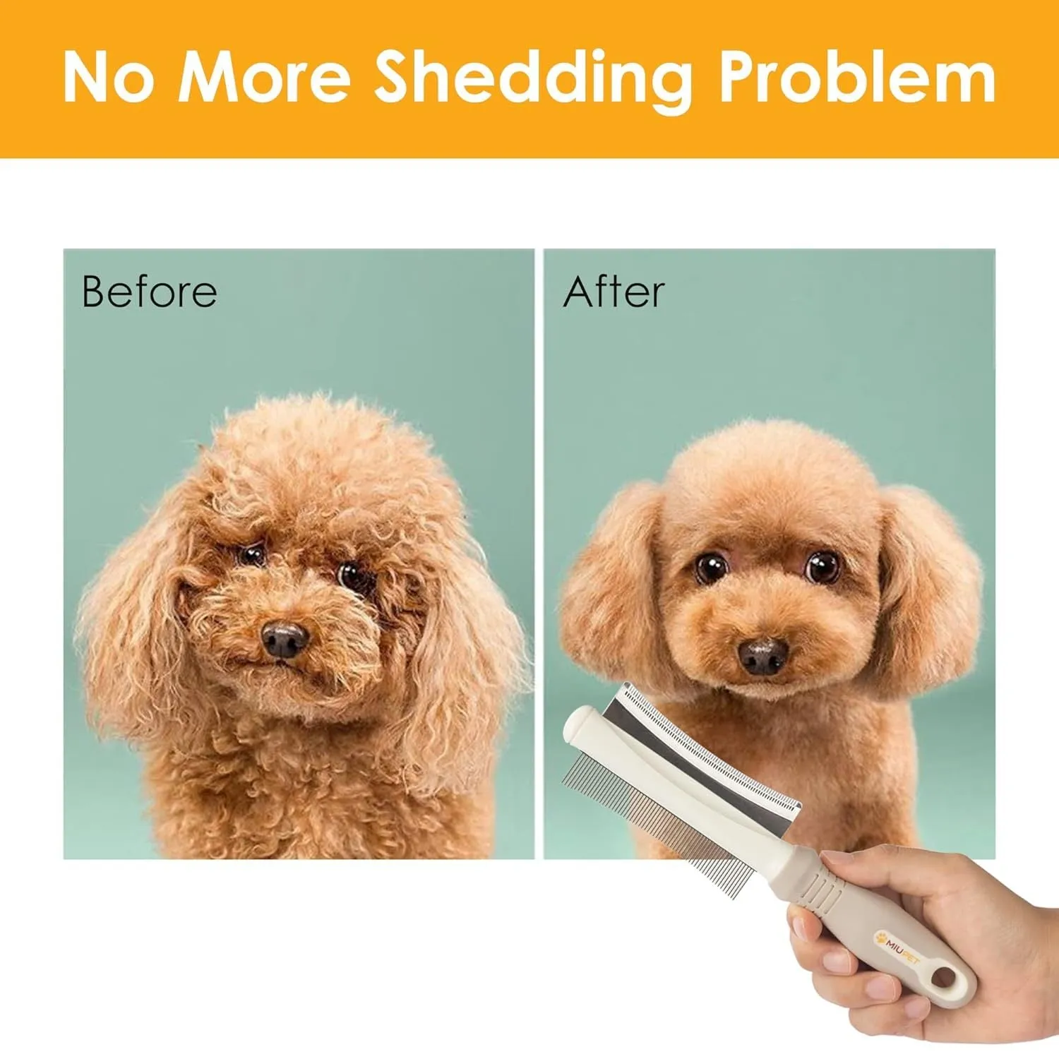 White double-sided pet deshedding brush and comb with ergonomic handle.