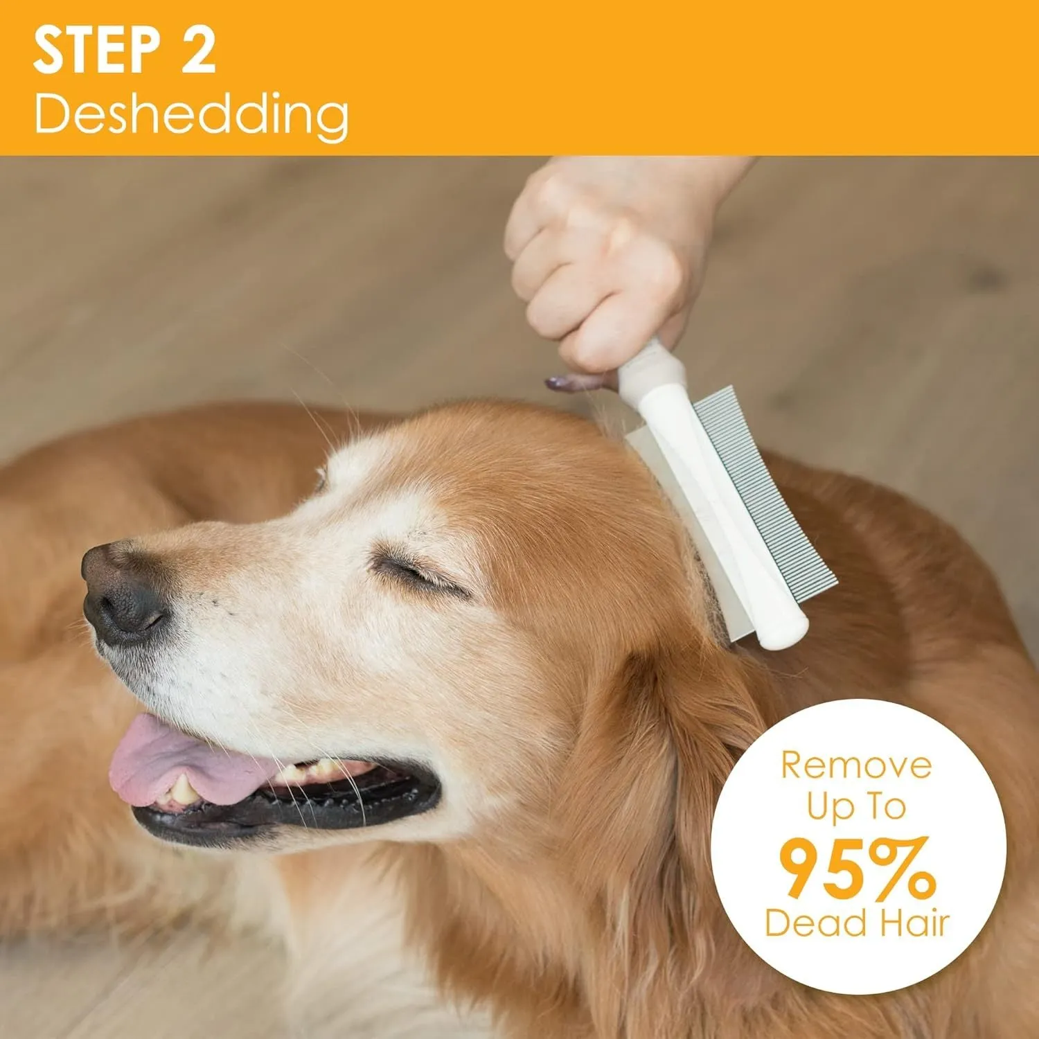 White double-sided pet deshedding brush and comb with ergonomic handle.