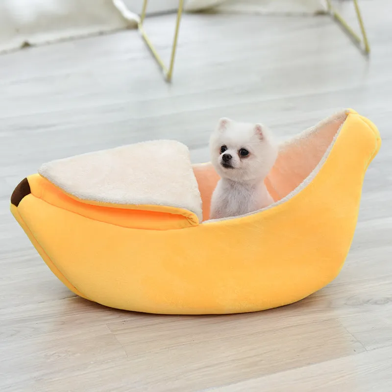 Removable washable round banana pet nest for cats and small dogs in yellow