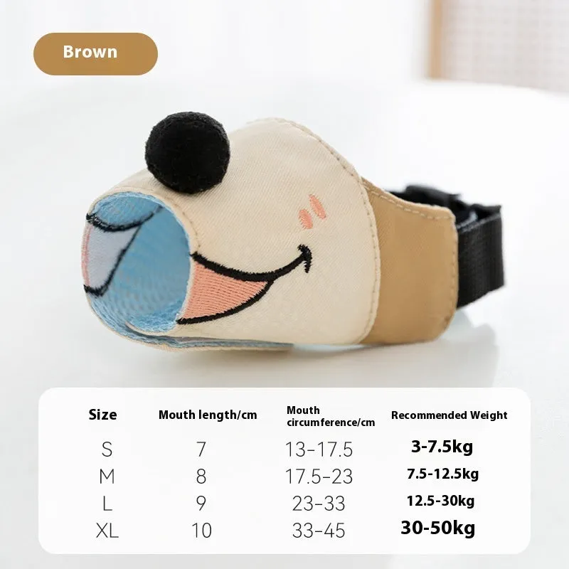 Canvas dog muzzle in Ollie Brown Bear colour, shown alongside Bondi Blue Shark option, with S, M, L, XL size labels.