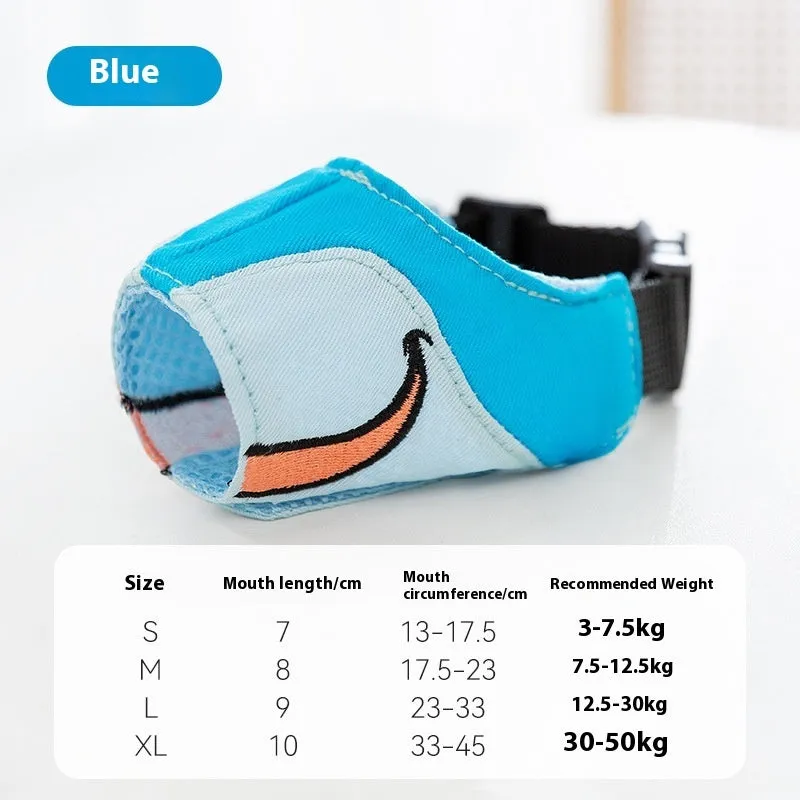 Canvas dog muzzle in Ollie Brown Bear colour, shown alongside Bondi Blue Shark option, with S, M, L, XL size labels.