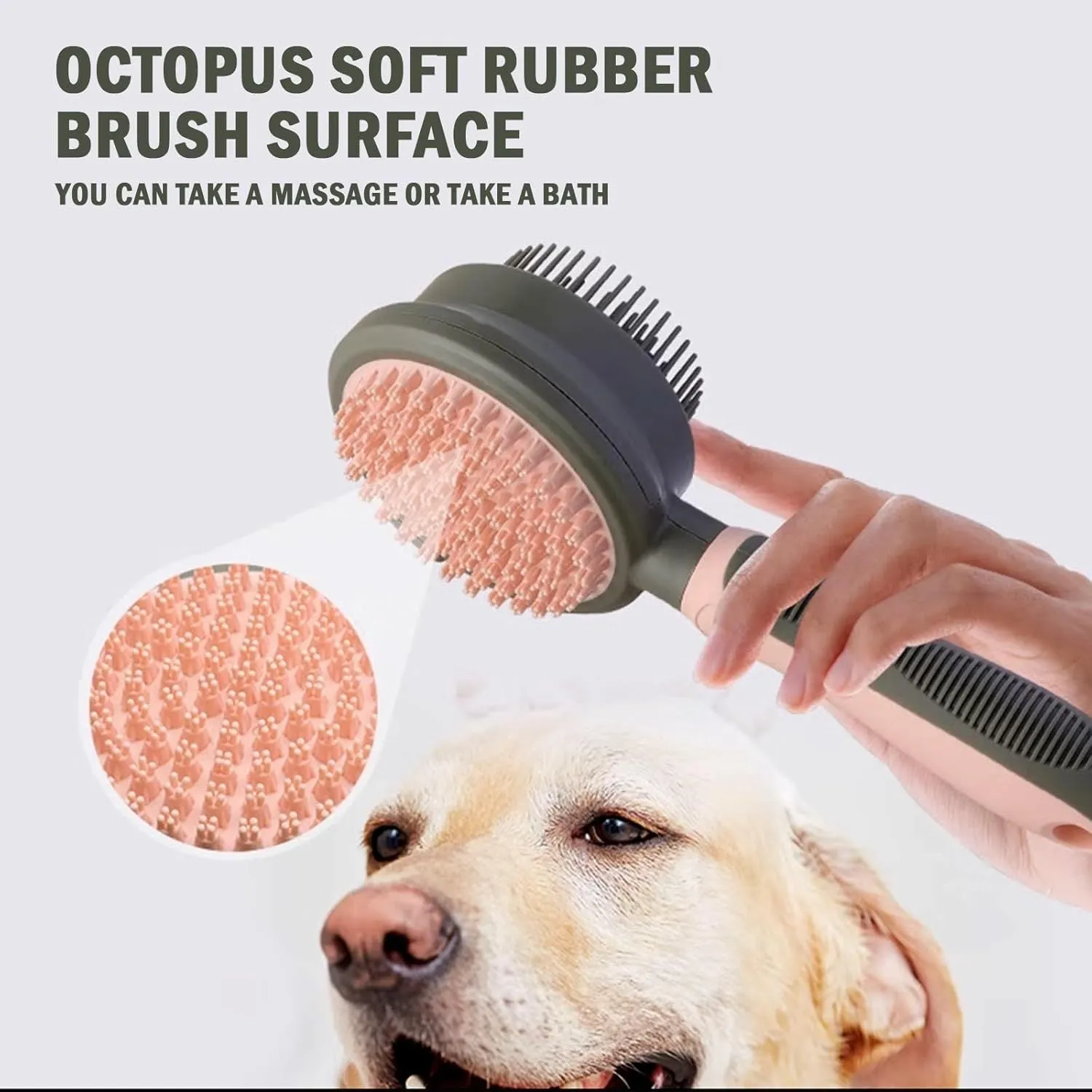 Green and pink double-sided cat brush with release button and included flea comb for pet grooming