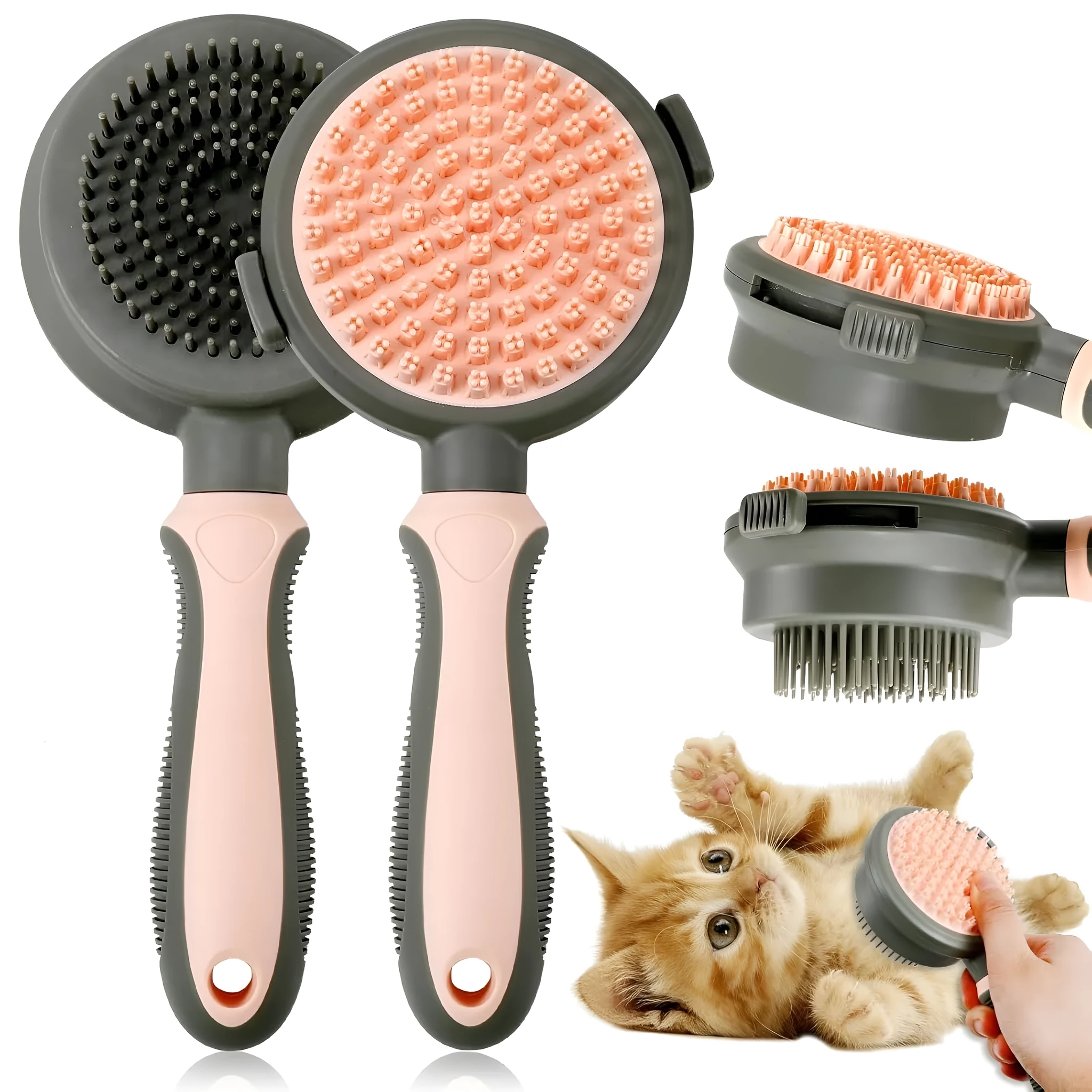 Green and pink double-sided cat brush with release button and included flea comb for pet grooming